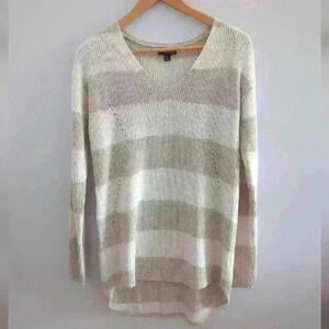A.N.A | White/Tan Striped  Knitted Long Sleeve V-Neck Sweater Size M